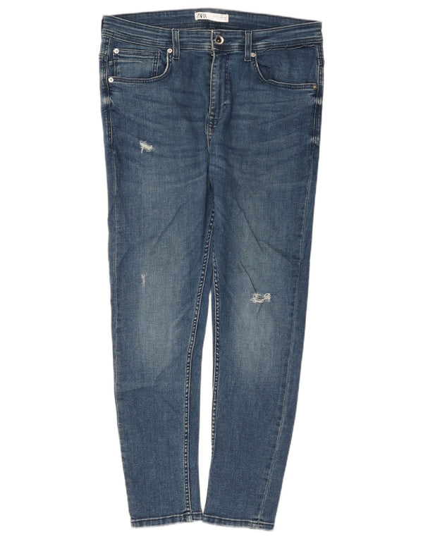 Мужские потертые узкие джинсы Zara EU 42, большие W32 L27, синие, хлопок