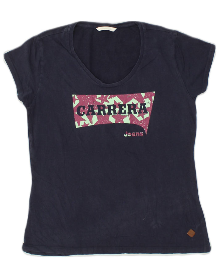 CARRERA Womens Graphic T-Shirt Top UK 14 Large Navy Blue Cotton | Vintage Carrera | Thrift | Second-Hand Carrera | Used Clothing | Messina Hembry 