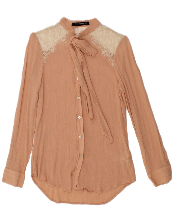 ZARA Womens Front Tie Shirt Blouse UK 10 Small Beige Colourblock Polyamide Vintage Zara and Second-Hand Zara from Messina Hembry 