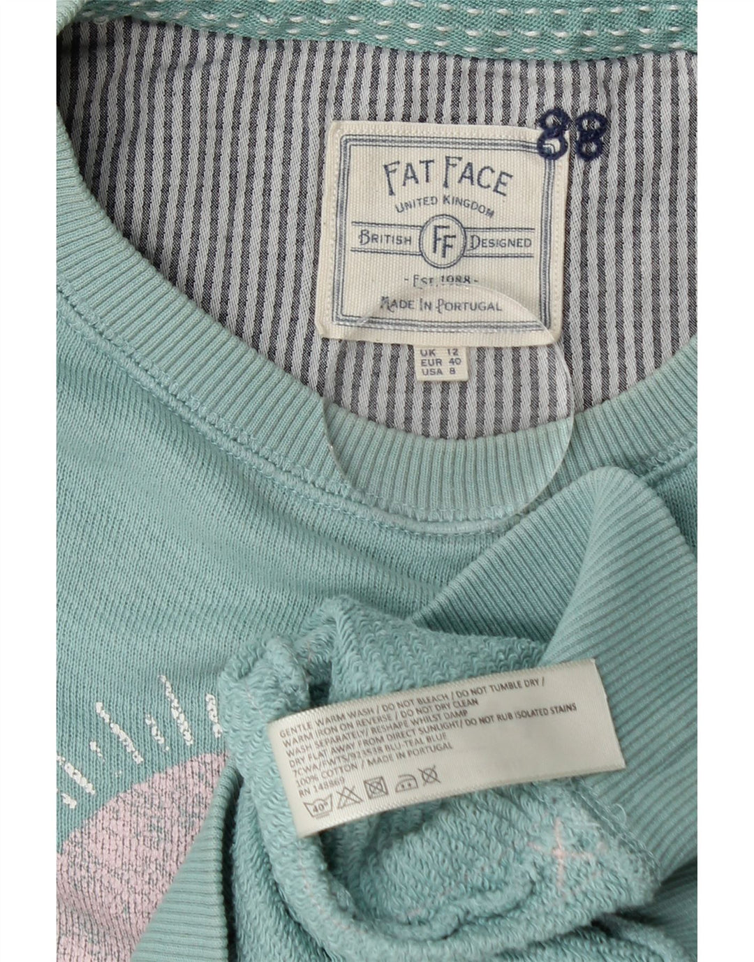Женский джемпер с круглым вырезом с рисунком Fat Face, Великобритания, 12, средний синий цвет