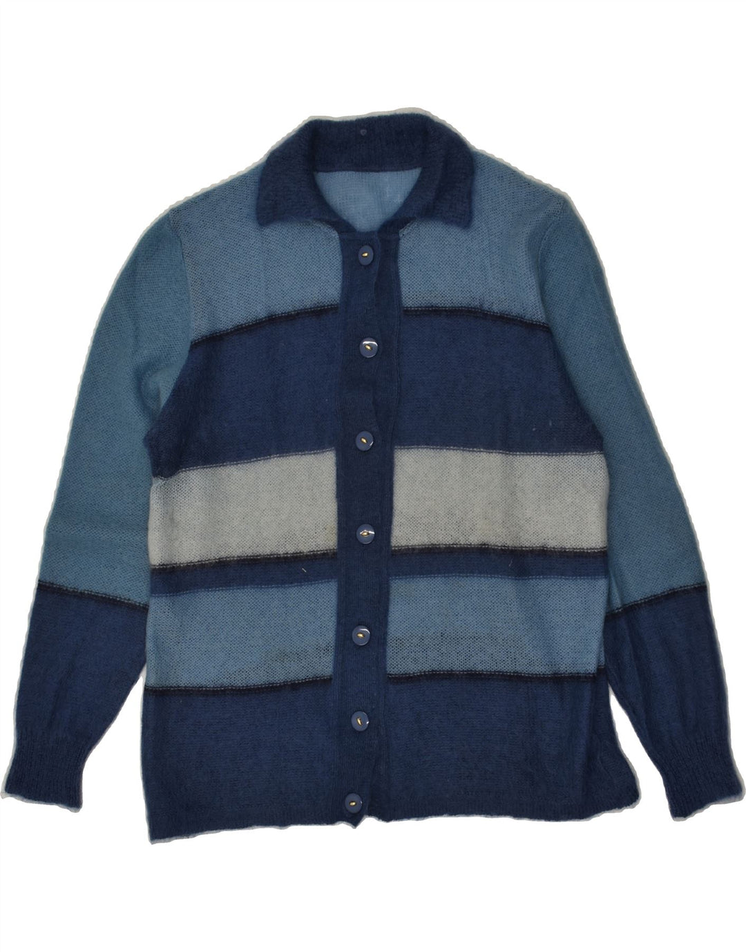 VINTAGE Womens Cardigan Sweater IT 48 XL Navy Blue Striped Polyamide | Vintage Vintage | Thrift | Second-Hand Vintage | Used Clothing | Messina Hembry 