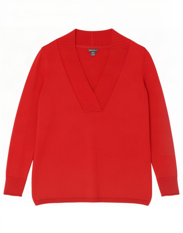 Eddie Bauer Womens V-Neck Jumper Sweater UK 14 Large Red Cotton
