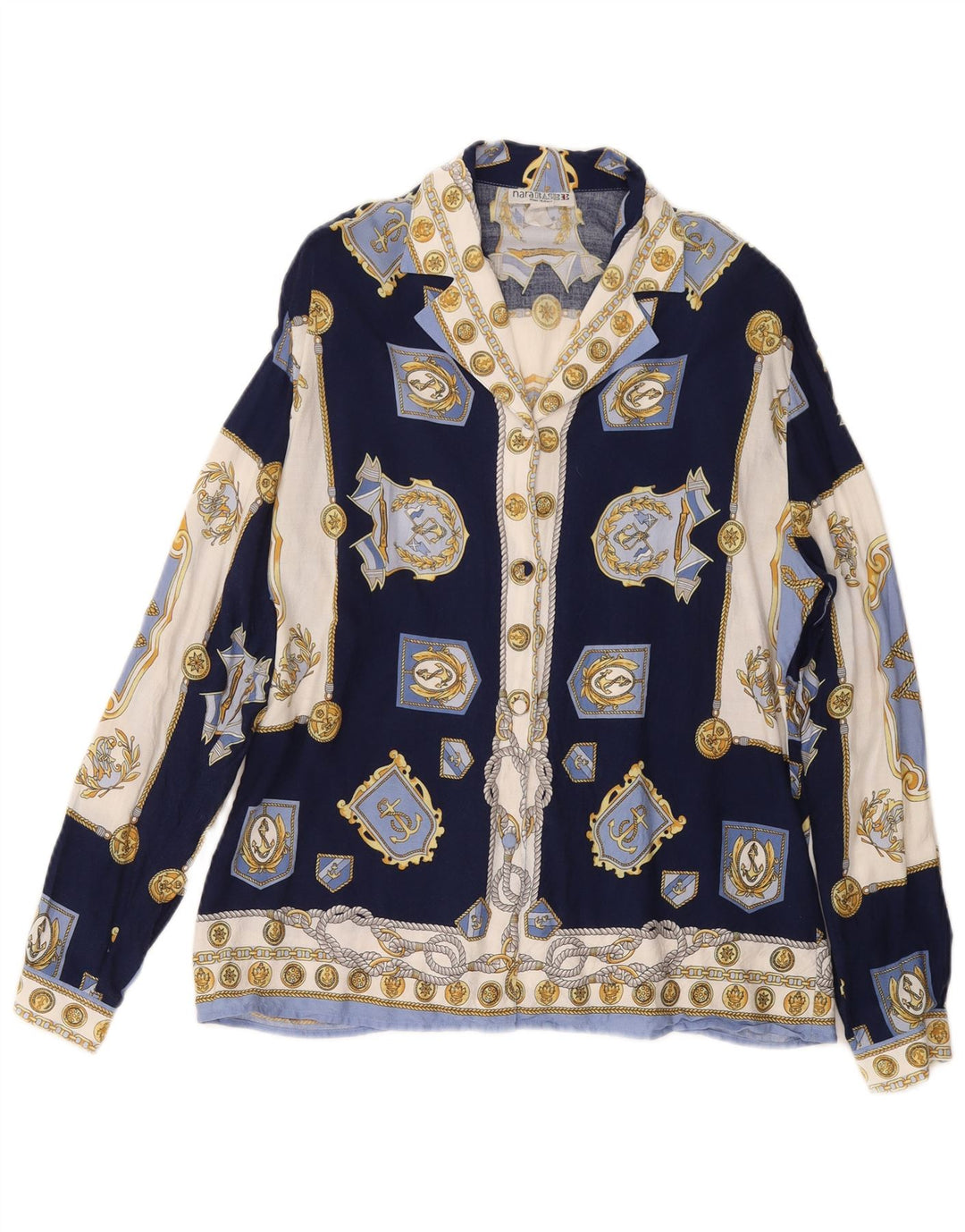 ВИНТАЖНАЯ Женская блузка-рубашка с абстрактным узором, Великобритания 14, средний темно-синий цвет