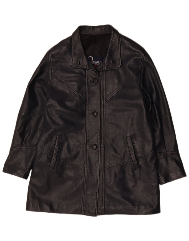 Винтажная женская кожаная куртка UK 14, черная кожа среднего размера