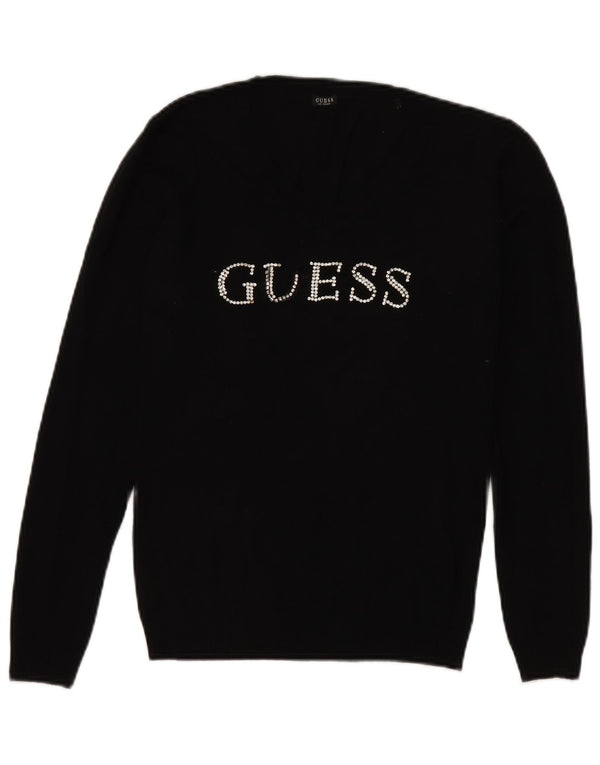 Guess Женский джемпер с V-образным вырезом и графикой UK 8, маленький черный вискоза