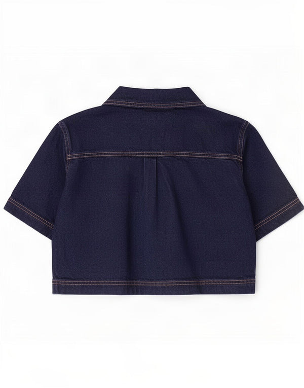 Zara Womens Oversized Denim Crop Top UK 10 Small Navy Blue Cotton