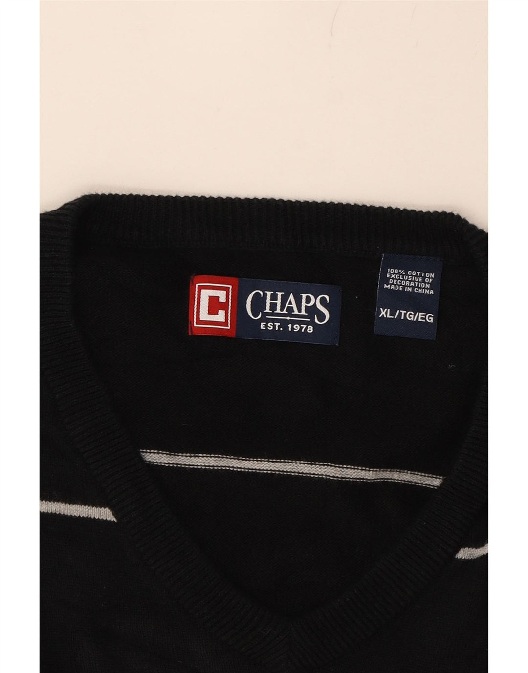 CHAPS Mens V-Neck Jumper Sweater XL Black Striped Cotton Vintage Chaps and Second-Hand Chaps from Messina Hembry 