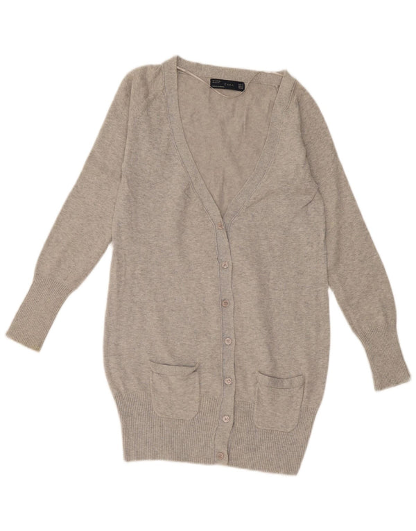 Zara Womens Longline Cardigan Sweater UK 10 Small Grey Flecked Cotton