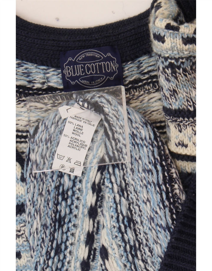 VINTAGE Mens V-Neck Jumper Sweater Large Blue Striped Wool Vintage Vintage and Second-Hand Vintage from Messina Hembry 