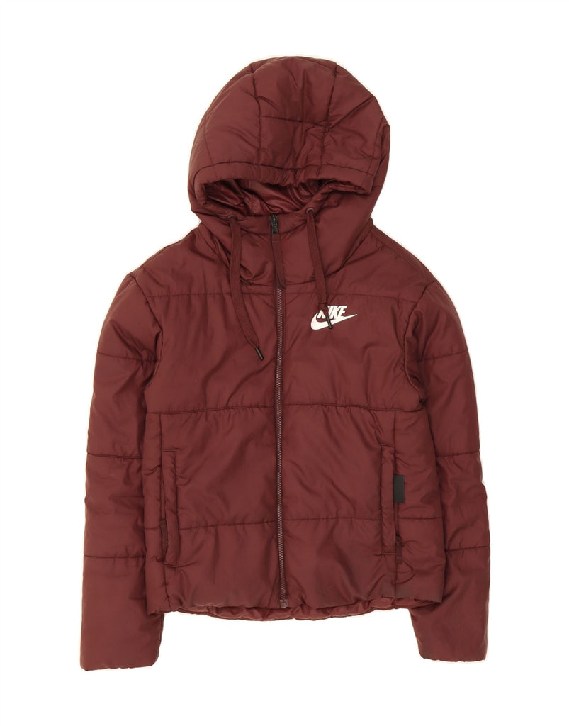 NIKE Womens Graphic Hooded Padded Jacket UK 6 XS Maroon Polyester Vintage Nike and Second-Hand Nike from Messina Hembry 