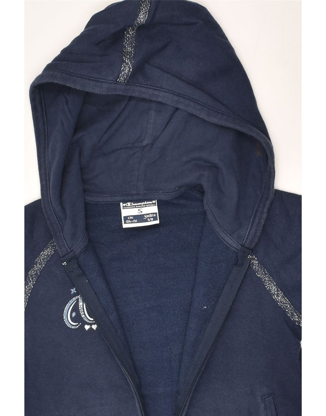CHAMPION Girls Graphic Zip Hoodie Sweater 7-8 Years Small Navy Blue Cotton | Vintage Champion | Thrift | Second-Hand Champion | Used Clothing | Messina Hembry 