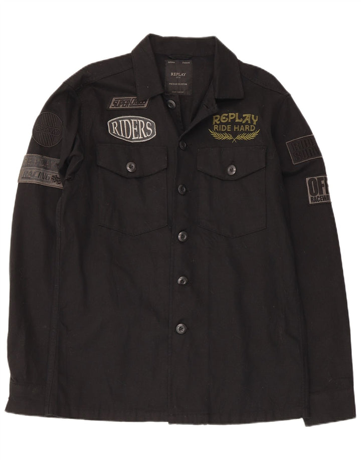 Мужская рубашка с рисунком Replay, хлопковая, черная, среднего размера