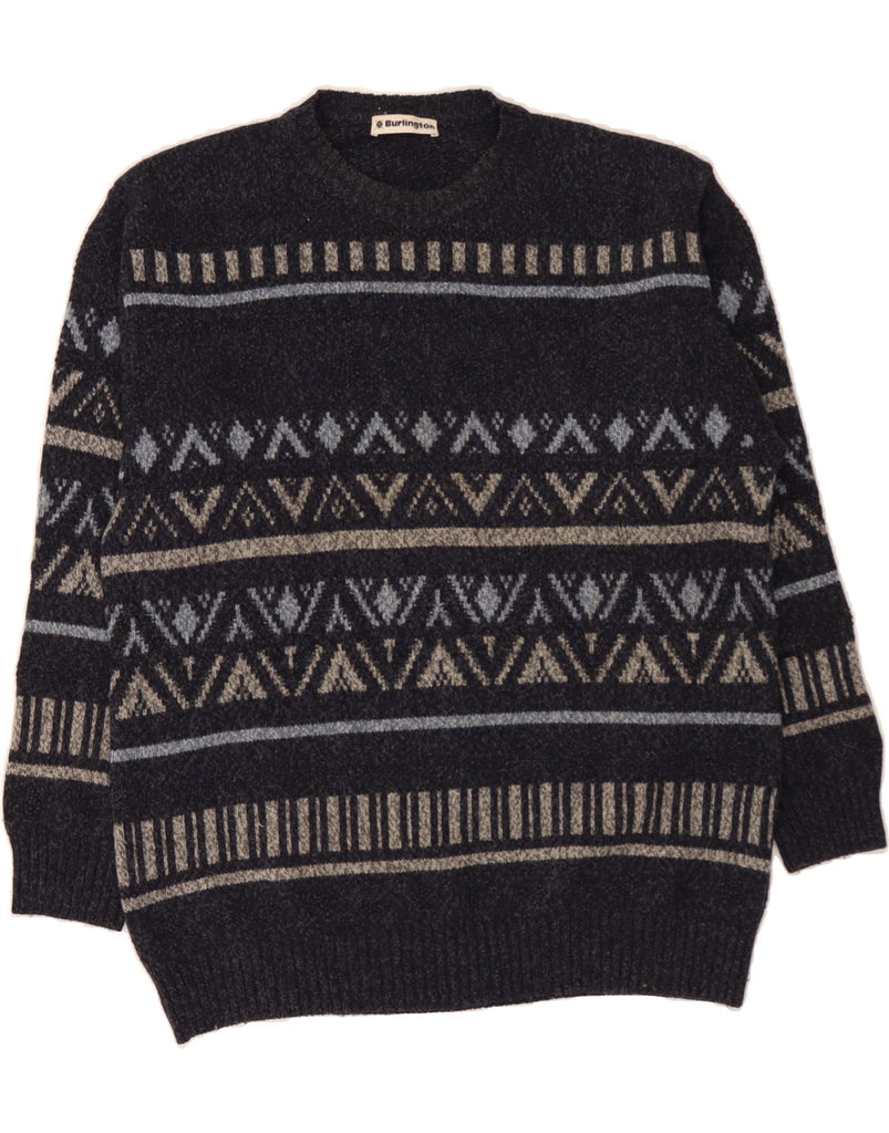 BURLINGTON Mens Crew Neck Jumper Sweater IT 52 Large Navy Blue Fair Isle Vintage Burlington and Second-Hand Burlington from Messina Hembry 