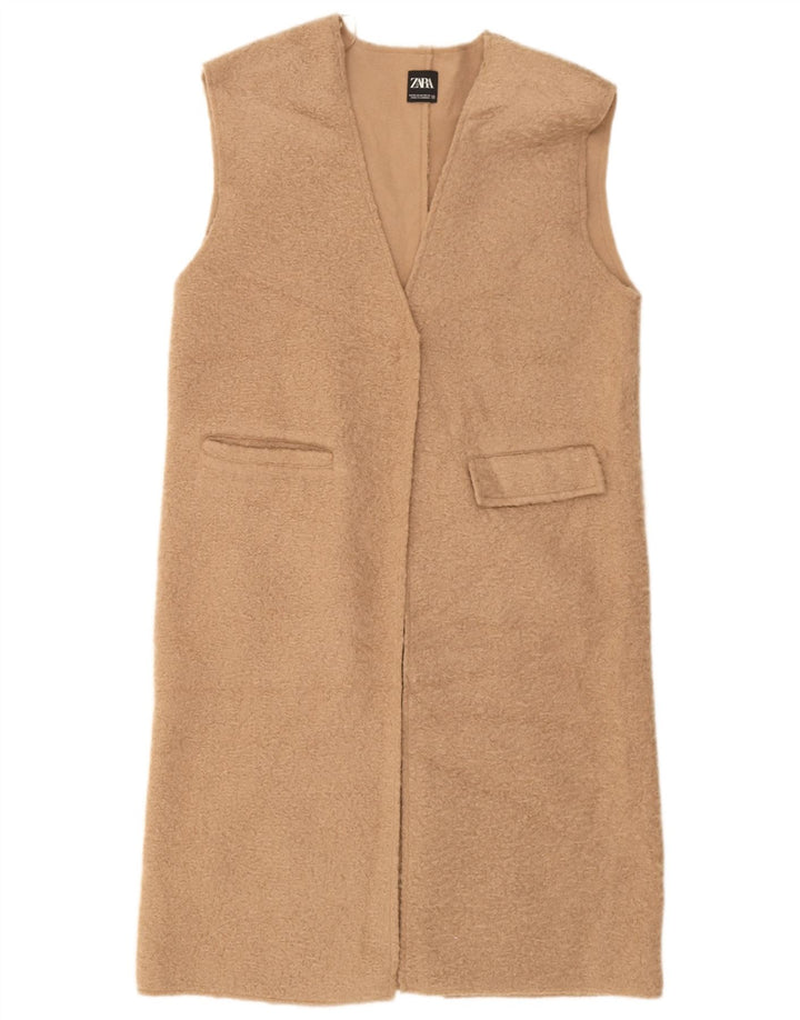 Женский удлиненный открытый жилет Zara UK 14, средний бежевый полиэстер