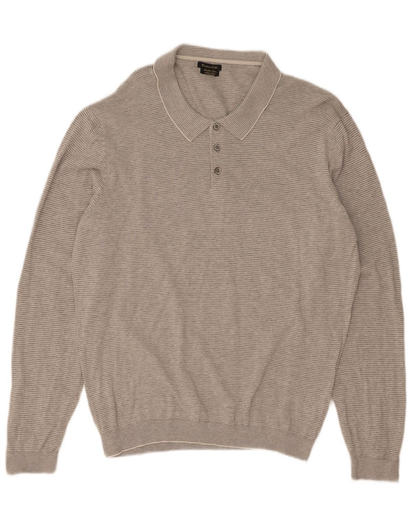 Мужской свитер с воротником поло Massimo Dutti 2XL, серый хлопок в тонкую полоску