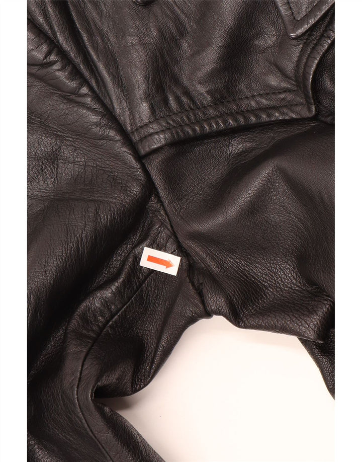 ВИНТАЖНОЕ Женское Кожаное Пальто UK 12 Среднее Черное Кожаное