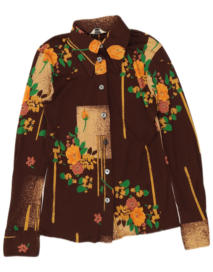 Винтажная женская блузка-рубашка IT 46, большая коричневая с цветочным принтом