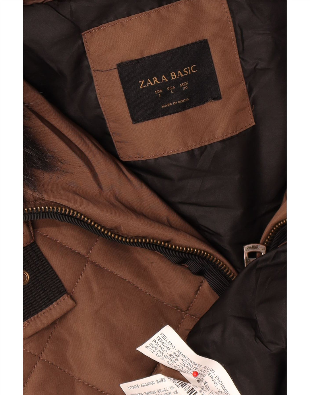 Женское стеганое пальто с капюшоном Zara UK 16, большой коричневый полиэстер