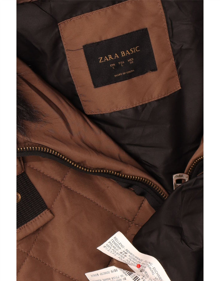 Женское стеганое пальто с капюшоном Zara UK 16, большой коричневый полиэстер