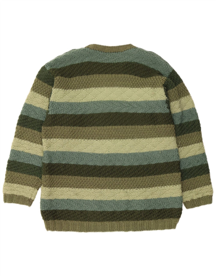 VINTAGE Mens Crew Neck Jumper Sweater Large Khaki Striped
