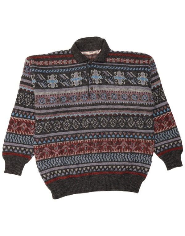 VINTAGE Mens Polo Neck Jumper Sweater XL Grey Fair Isle Acrylic