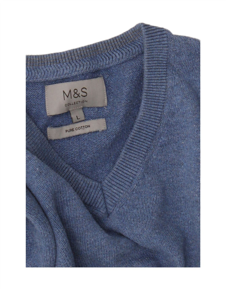 Мужской джемпер с v-образным вырезом Marks & Spencer, большой синий хлопковый свитер