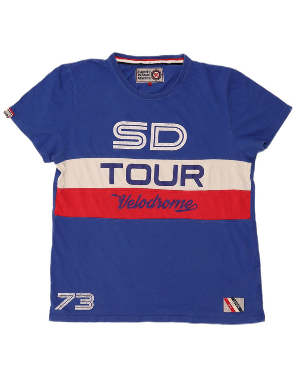 Мужская футболка с рисунком Superdry, топ 2XL, синяя, хлопок с цветными блоками