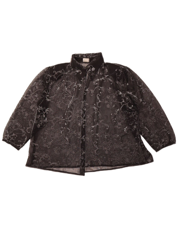 ВИНТАЖНАЯ женская блузка-рубашка с рукавом 3/4, Великобритания 14, средний черный с цветочным принтом