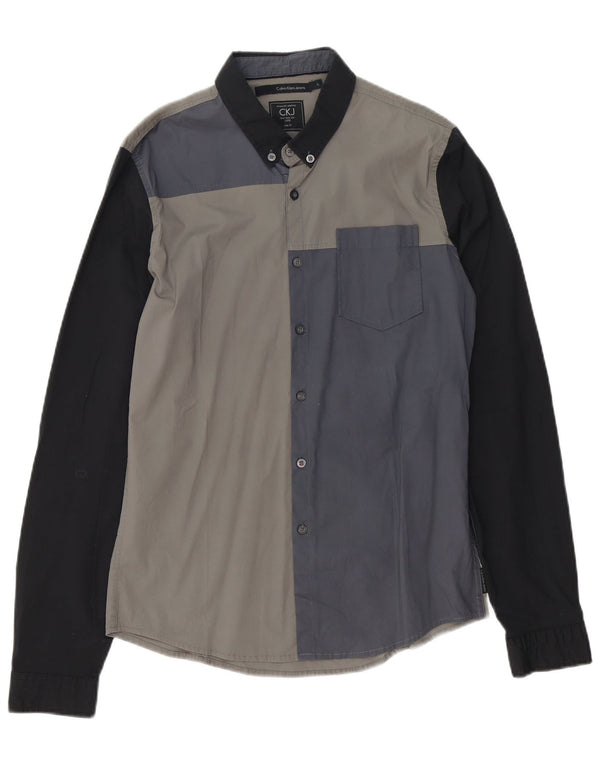 CALVIN KLEIN JEANS Мужская рубашка приталенного кроя, большая серая хлопковая рубашка с цветными блоками