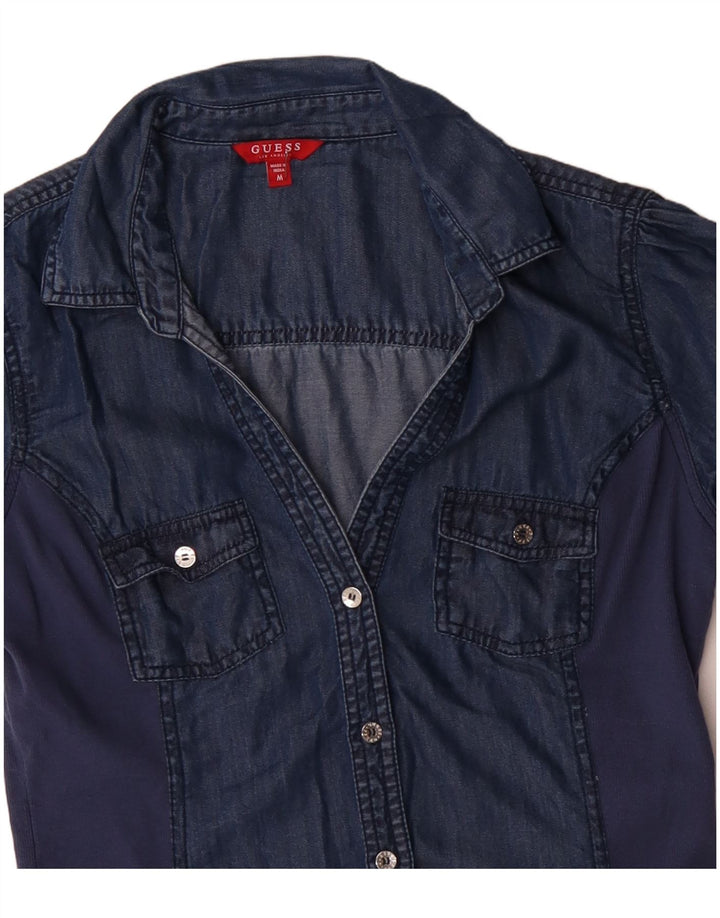 GUESS Женская джинсовая рубашка-блузка с коротким рукавом UK 12 Medium Navy Blue Tencel