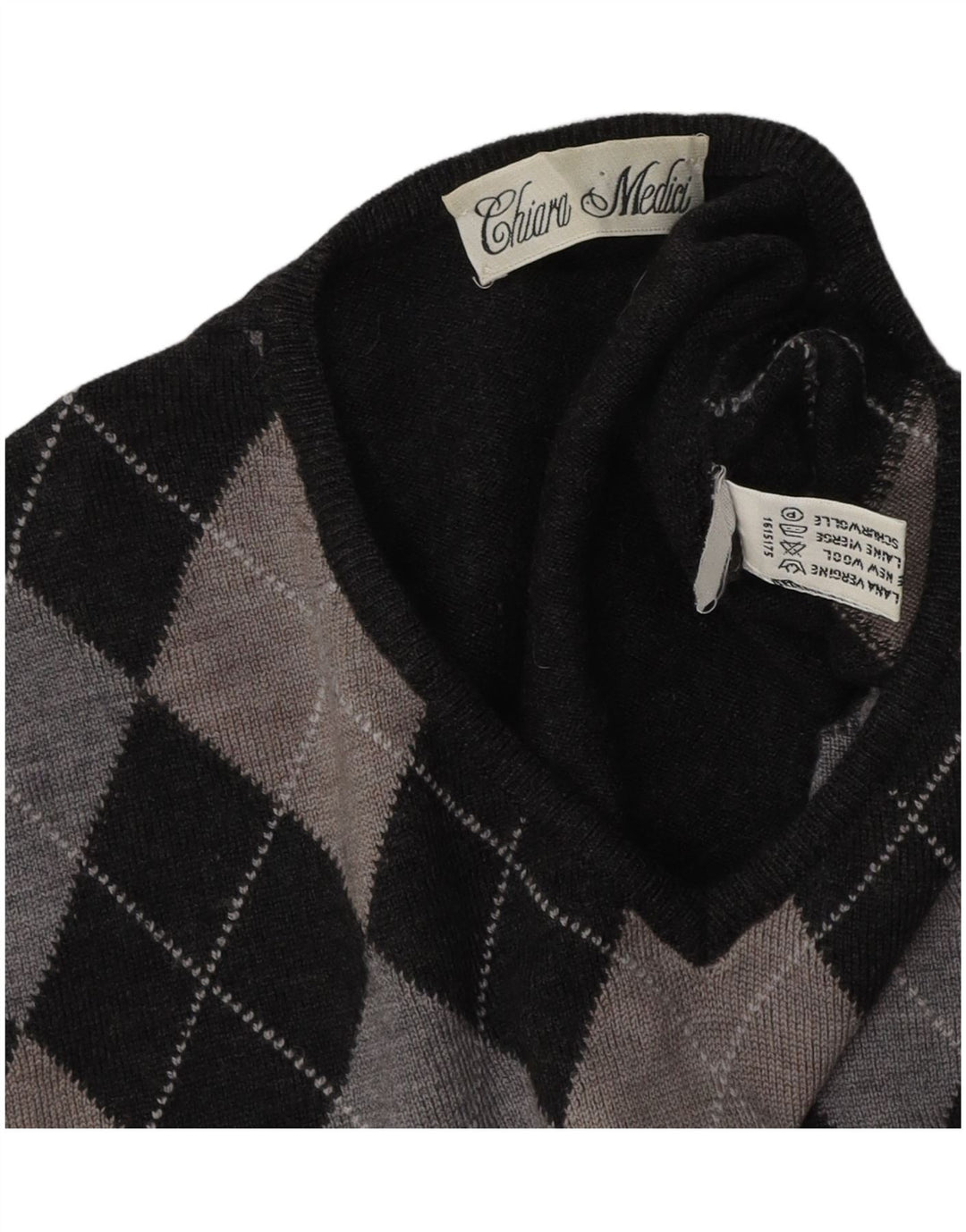 ВИНТАЖНЫЙ женский джемпер с v-образным вырезом, Великобритания 16, большой серый аргайл/ромб