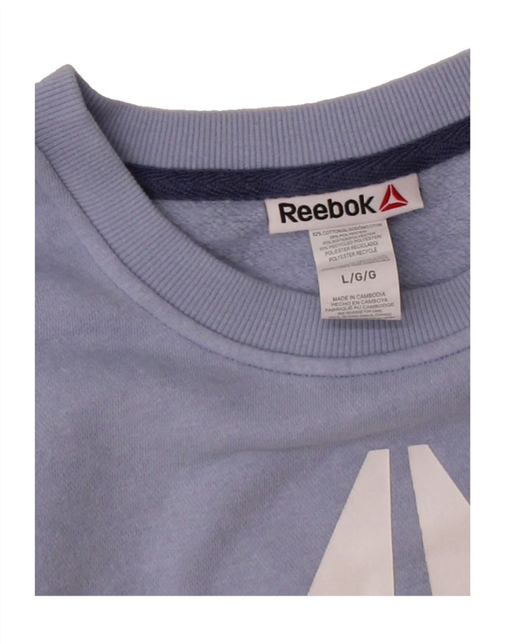 REEBOK Womens Graphic Sweatshirt Jumper UK 16 Large Blue Colourblock Vintage Reebok and Second-Hand Reebok from Messina Hembry 