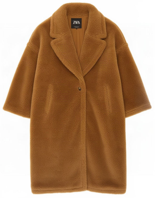 Женское пальто оверсайз Teddy Bear Zara UK 14, средний коричневый цвет, полиэстер