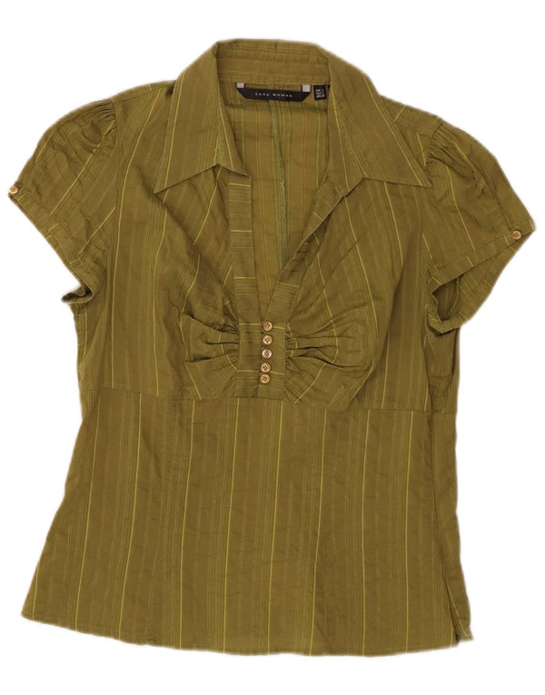 Женская рубашка-пуловер с короткими рукавами ZARA UK 14, большой хлопок в полоску цвета хаки