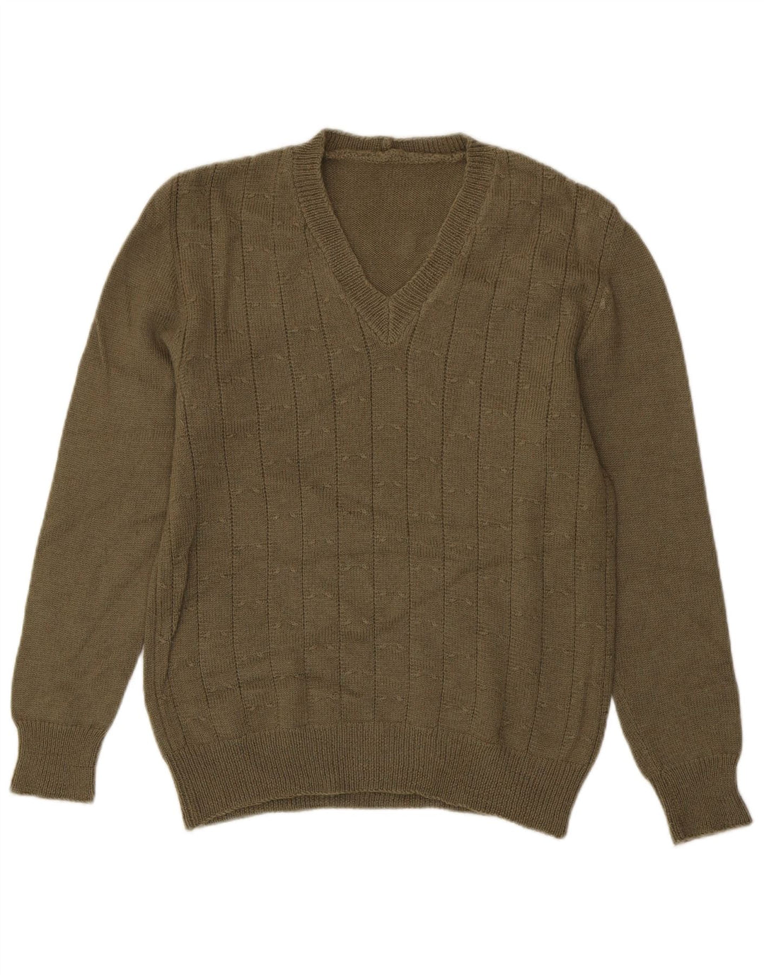 VINTAGE Mens V-Neck Jumper Sweater Small Khaki