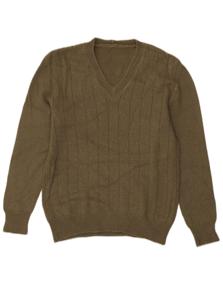 VINTAGE Mens V-Neck Jumper Sweater Small Khaki