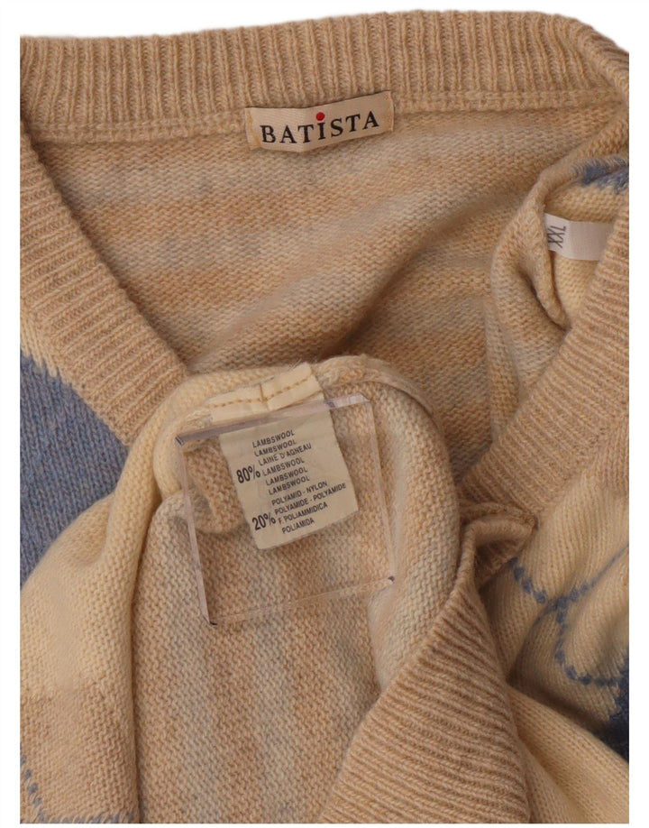 Винтажный мужской джемпер с v-образным вырезом, 2XL, бежевый с узором аргайл/ромб, овечья шерсть