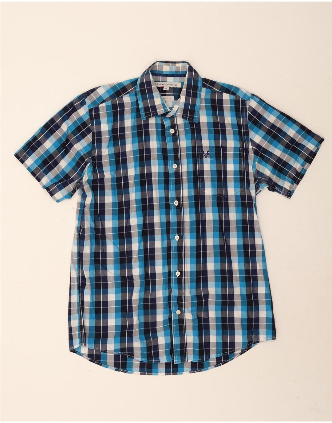 Crew Clothing Мужская рубашка классического кроя с коротким рукавом среднего размера, темно-синяя клетка