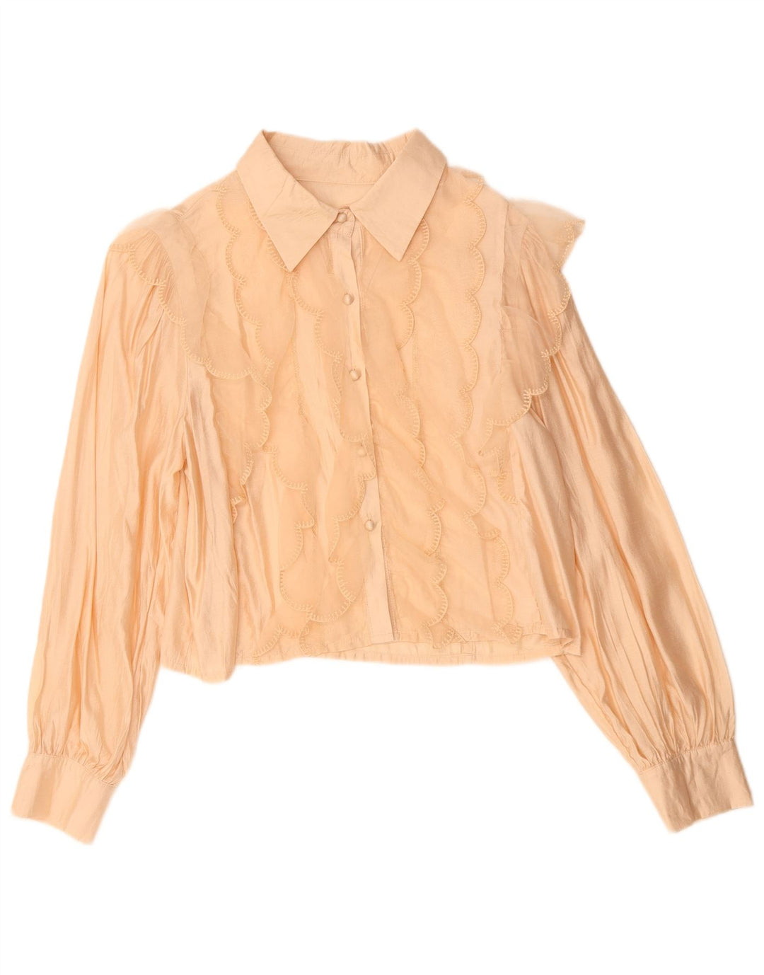 Винтажная женская укороченная блузка-рубашка с рюшами спереди, Великобритания 14, средний бежевый вискозный цвет