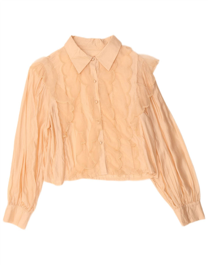 Винтажная женская укороченная блузка-рубашка с рюшами спереди, Великобритания 14, средний бежевый вискозный цвет