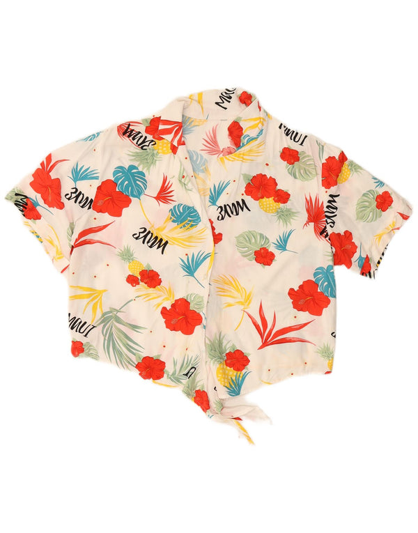 VINTAGE Женская укороченная блузка-рубашка с завязками спереди, Великобритания 16, большой белый цветочный принт