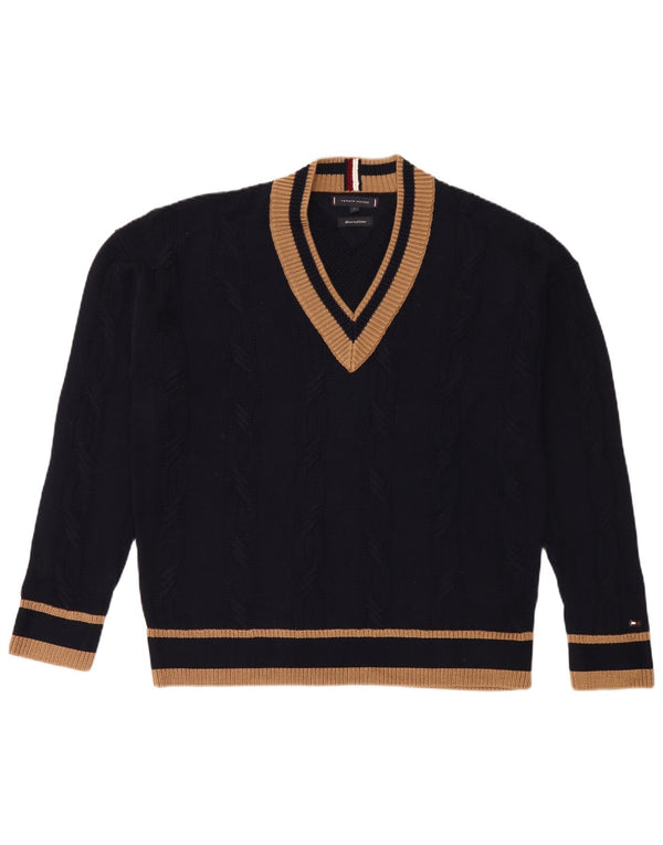 Мужской джемпер с v-образным вырезом Tommy Hilfiger, средний хлопковый свитер в темно-синюю полоску