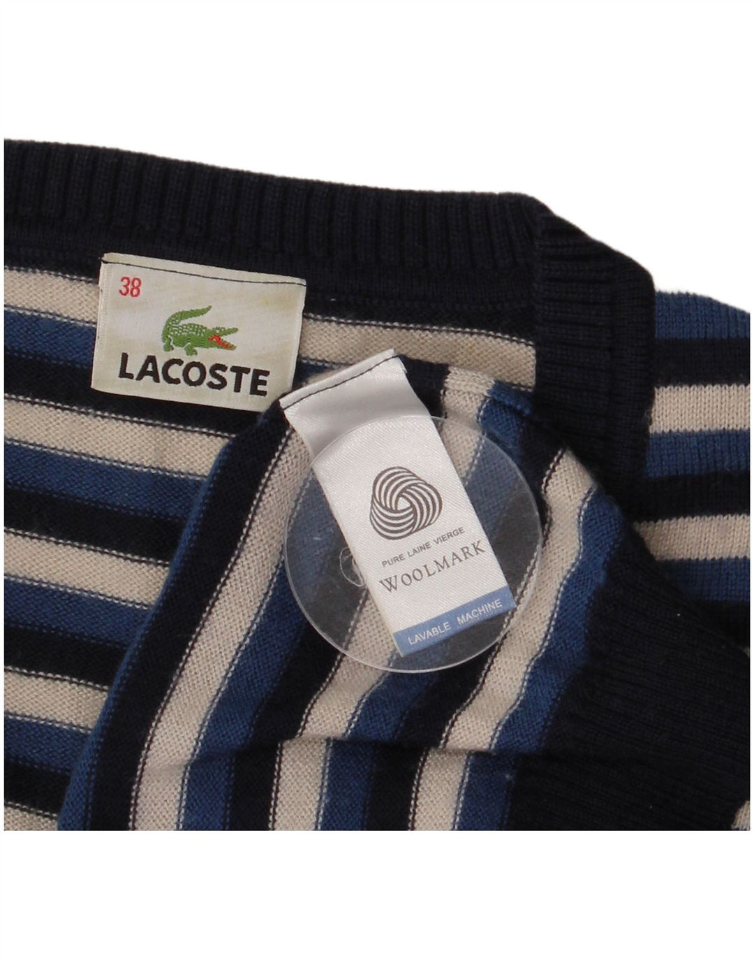 Женский джемпер с v-образным вырезом Lacoste, размер 38, средний, темно-синий, шерстяной в полоску