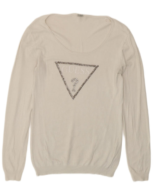 Guess Женский джемпер с вырезом «лодочка» с рисунком, Великобритания 16, большой белый вискоза