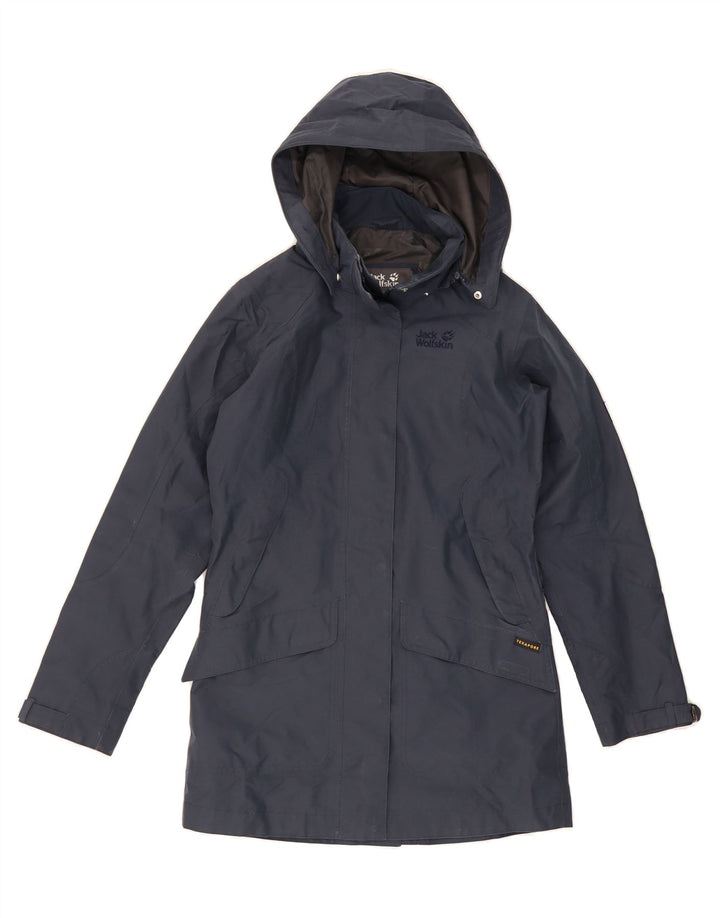 JACK WOLFSKIN Womens Hooded Raincoat UK 8 Small  Navy Blue Polyamide Vintage Jack Wolfskin and Second-Hand Jack Wolfskin from Messina Hembry 