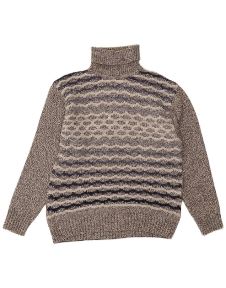 Винтажный мужской джемпер с высоким воротником, большой серый полосатый шерстяной свитер