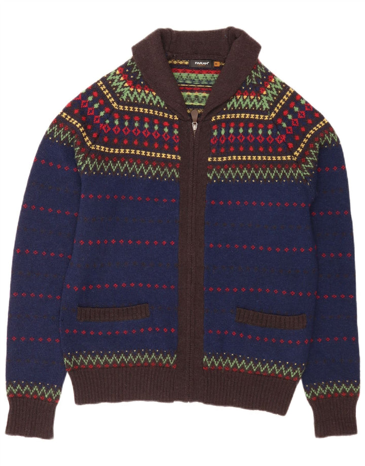 Мужской кардиган с молнией Farah, средний синий шерстяной свитер Fair Isle