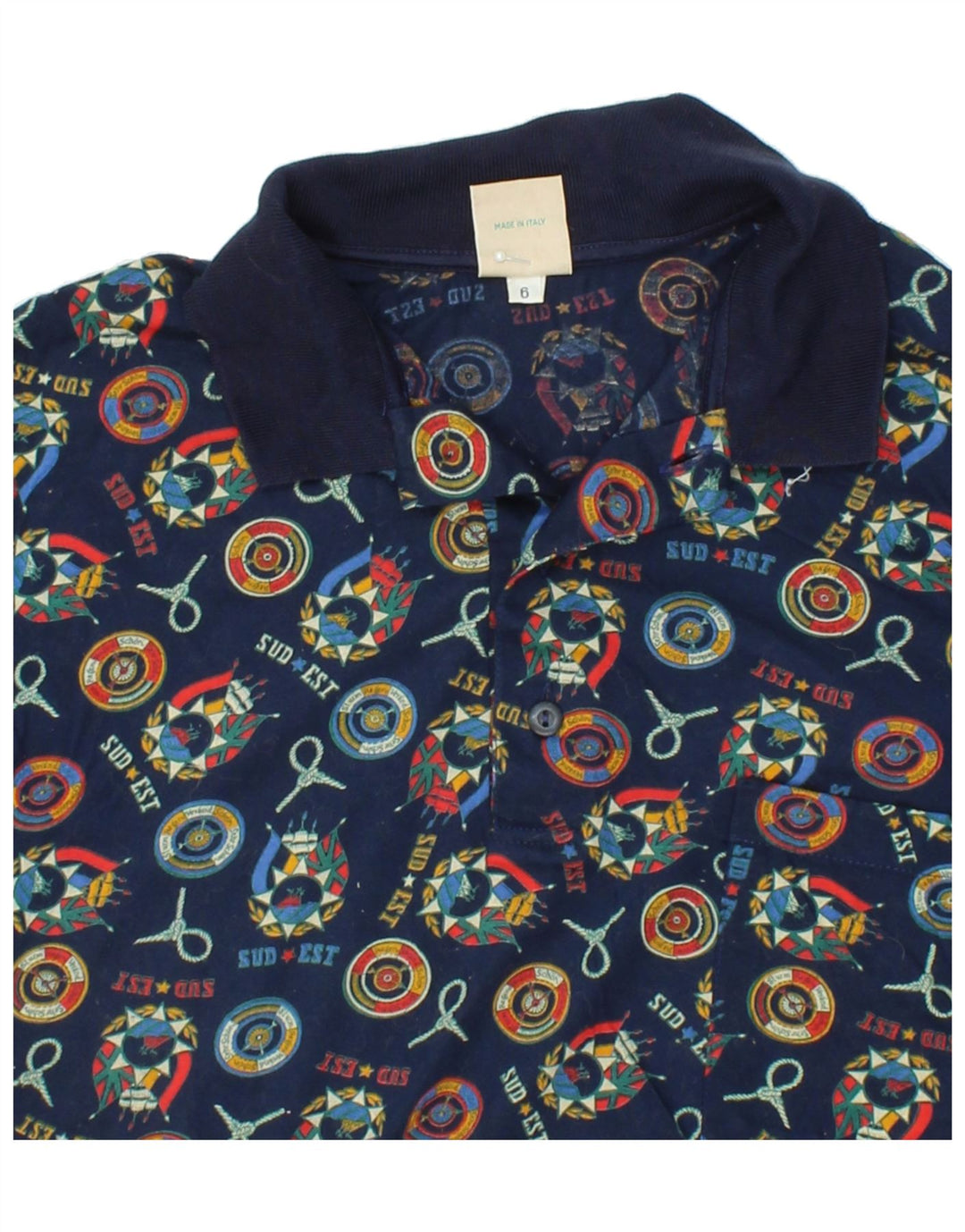 VINTAGE Mens Abstract Pattern Polo Shirt Large Navy Blue Cotton Vintage Vintage and Second-Hand Vintage from Messina Hembry 