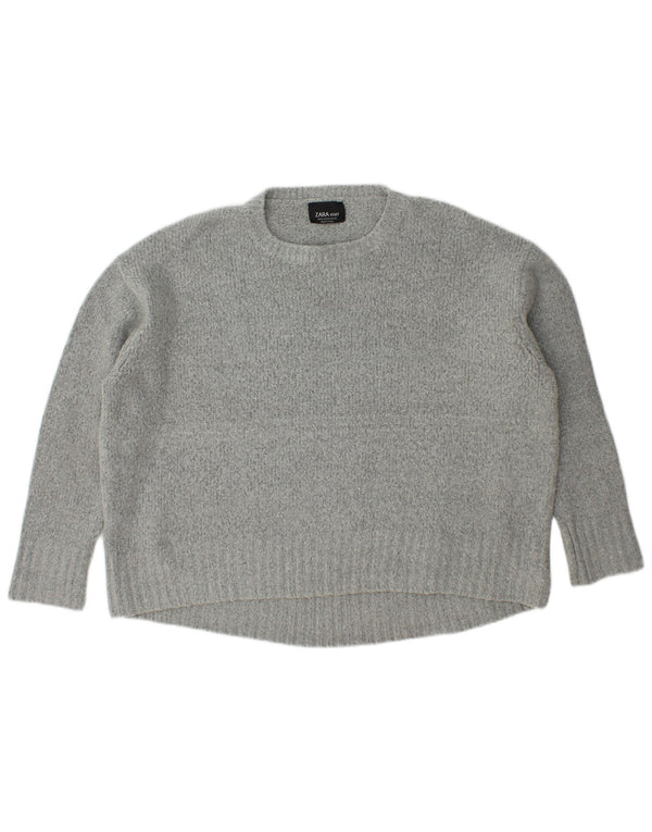 Zara Womens Oversized Crew Neck Jumper Sweater UK 14 Medium Grey Acrylic