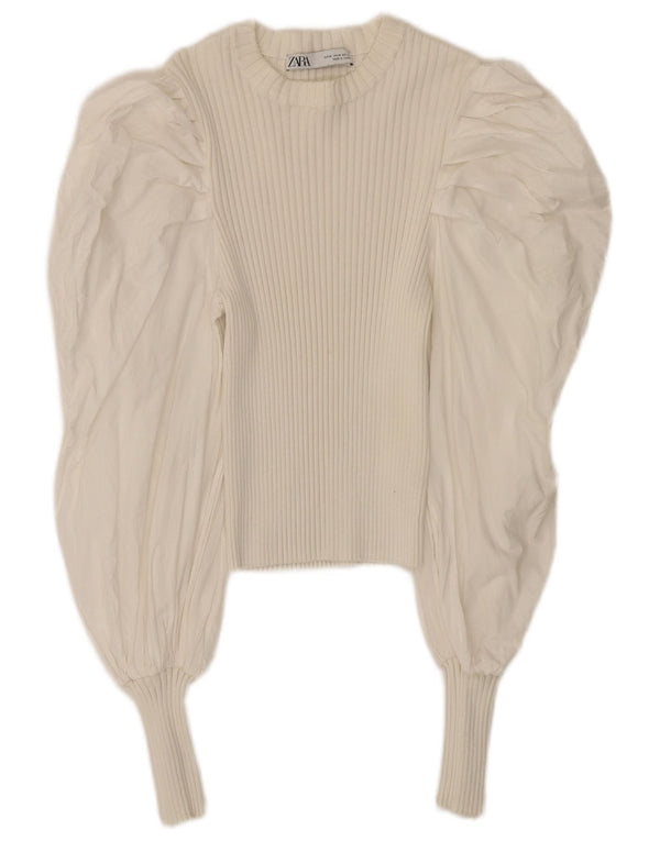 Zara Womens Crop Long Sleeve Blouse Top UK 12 Medium White Cotton